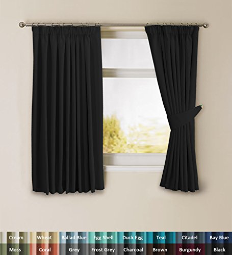 H.Versailtex Solid Thermal Insulated Blackout Pencil Pleat Anti - Mite Curtains for Bedroom with Two Free Tiebacks - Black, Energy Saving & Noise Reducting, 66" Width x 54" Drop, Set of 2 pieces