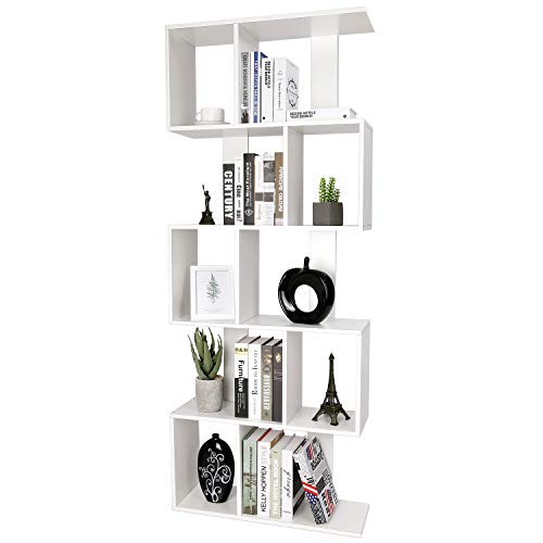 amzdeal Bibliothèque Étagères en Bois Moderne, 5 Niveaux de Rangement Meuble - Dimension 175 * 70 * 23,5cm - Étages de Rangement Forme S pour Salon, Chambre, Bureau (Couleur Blanc)