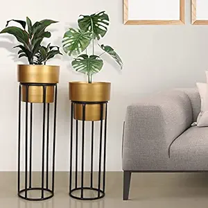 Truphe Plant Stands with Pot for Indoor Living Room , Planters with Stand Pack of 2 (Gold)
