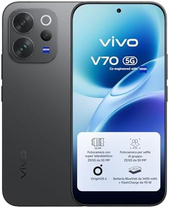 vivo V70 5G Smartphone 8GB RAM + 256GB, Fotocamera ZEISS 50MP con Super Teleobiettivo, Video 4K, Display OLED 6,59" 1.5K, Batteria 5400mAh, Sblocco Impronta Digitale 3D, IP68/IP69, Android 16,NFC