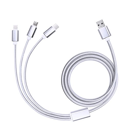 iProtect 3in1 Highspeed Ladekabel u Datenkabel aus Nylon mit USB-C, Micro USB und Apple Lightning Anschluss in Silber - 2