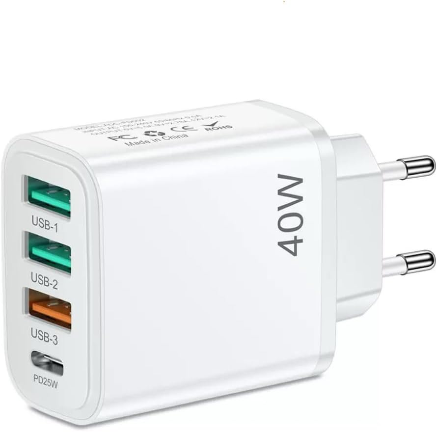 EU travel adapter charger, fast charging 1 USB C and 3 USB A European plugs, European wall adapter with 3 USBA port and 1 Type C ports, Compatible with fast charging of iPhone/Samsung and others