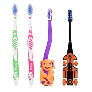 MAXI Oral Care Family Pack of 4-1 Zoom Car Junior Toothbrush & 1 Bingo Junior Toothbrush & (2 Adults) Sensitive+ Toothbrush