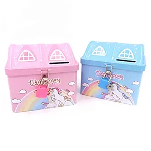 Prezzie Villa Pack of 2 House Shape Unicorn Printed Metal Coin Bank Piggy Bank for Kids with Lock and Key Coin Bank Design is Unicorn Imprint