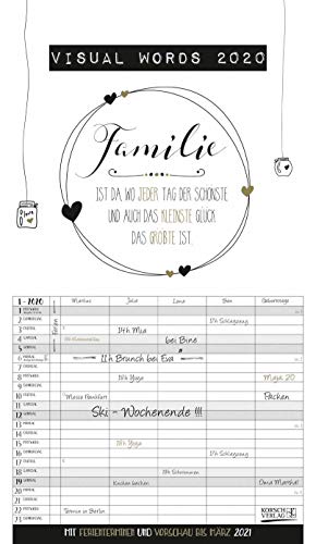 Visual Words Familienplaner 2020: Familienplaner mit 5 breiten Spalten. Typo-Art Familienkalender mit Ferienterminen, Zusatzspalte, Vorschau und vielem mehr.