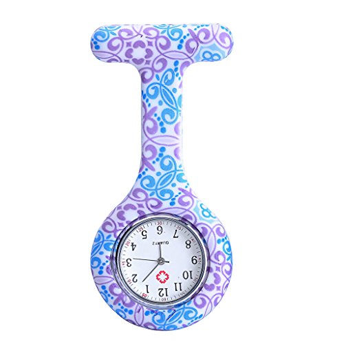 JSDDE Uhren Schwesternuhren Krankenschwesteruhr FOB-Uhr Silikon Hülle Pulsuhr Pflegeuhr Tunika Brosche Taschenuhr Ansteckuhr Analog Quarzuhr (Lila-Blau Blume)