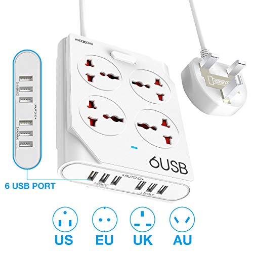 Extension Lead with USB Slots, 4 Way Universal Outlets 6 USB Ports Power Strip UK Plug Extension with 1.5 Meter/4.9ft Bold Extension Cord built-in Fuse and Shutter Portable Multi USB Plug Charger