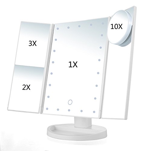 Specchio per il Trucco a Tre Ante,con illuminazione LED,touch-screen, ricaricabile con USB, con 22 luci LED na