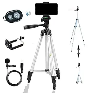 PKST 3110 Tripod with Remote and Mic Stand for Mobile Collar Mic- Light, Fold-able, Portable Adjustable, Aluminium Body with Smartphone Bracket Clip.