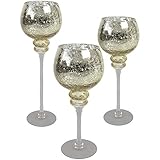 Größe: ca. Ø13xH40/35/30cm Multistore 2002 3tlg. Glaskelch Windlicht Set H40/35/30cm mit Goldener Kelch in Bruchglasoptik auf Fuß Kerzenhalter Kerzenleuchter Kerzenständer