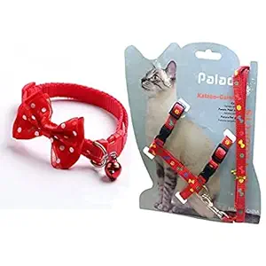 Woofy 1Pc Cat Collars with Bow Tie and Bell 1Pc Cat Body Paw n Bone Print Harness Leash Nylon Set 10mm Adjustable Puppy Kitten Or Certain Puppies Necktie Collar, Pack of 2 (Color May Vary)