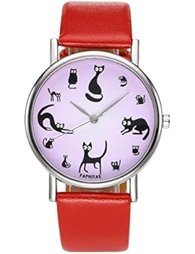 JSDDE Uhren,Katze Design Lila Dial Armbanduhr Damen Rund Uhr PU Leder Analog Vintage Quarzuhr,Rot