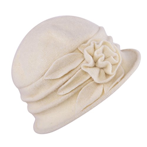 West See Damen Vintage Wolle Cloche Bucket Hut Beret Topfhut mit Blumendetail Wintermütze (beige)