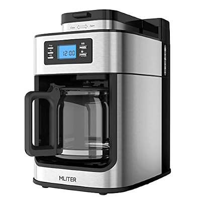 MLITER Machine à café avec broyeur et minuteur Grind&Brew machine à café avec arrêt automatique et plaque chauffante sans grains de café 1050W Argenté/noir