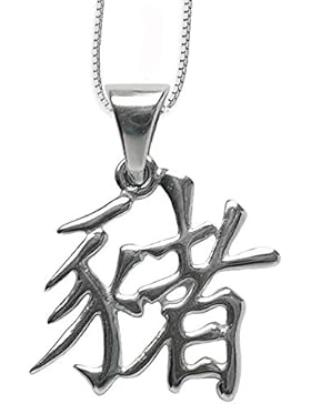 Chinesisches Sternzeichen Schwein Anhänger Amulett aus 925er Silber mit Kette Halskette Silberkette 12