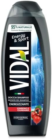 Vidal - Docciaschiuma Energy & Sport, Formula Energizzante, con estratti di Ginseng e Guaranà, Dermatologicamente Testato, 250ml