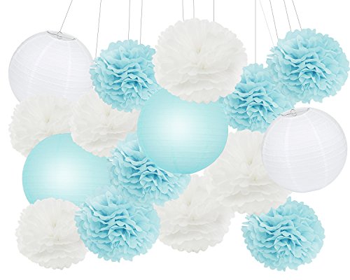 Furuix 18 PC Laterne Dekorationen Junge Baby Dusche Dekorationen Weiß und Baby Blau Gemischte Gewebe Pom Pom Blume und Papier Laterne Party Gefälligkeiten Hochzeit Geburtstag Dekor Papier Dekorationen