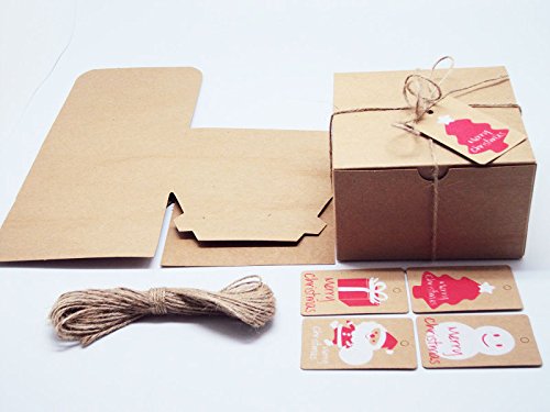 JEMPAK UK Pack of 10 Brown Kraft Gift/Favour Boxes with hinged lid (13cm x 13cm x 8cm) String & Xmas Tags Included.