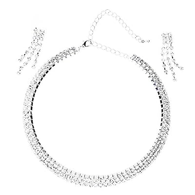 Collier et Boucles d'Oreilles de Strass à 3 Rangs pour Mariée de Noce