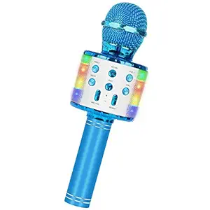 Wireless Bluetooth Karaoke Microphone, 5-in-1 Portable Handheld Mic Speaker Player Recorder with Controllable LED Lights, Adjustable Remix FM Radio for Christmas, Birthday, Home Party and More(Blue)
