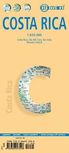 Costa Rica, mapa de carreteras plastificado. Escala 1:650.000. Borch. (Borch Map)