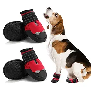 KUTKUT Dog Boots Waterproof Shoes for Dogs with Reflective Straps, Rugged Anti-Slip Soft Sole Dogs Paw Protector for Small Medium Large Dogs (Red, Size: 3)