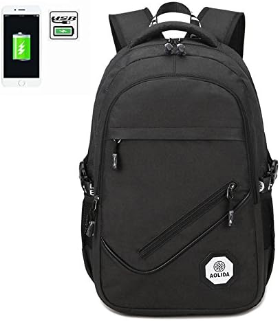 FULOZO® School Backpack Travel Daypack Oxford Laptop Backpack 15 Inch with USB Charger Computer Rucksack Business Bag-Black