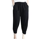 Damen Hosen cinnamou Sommerhosen Haremshose Pumphose Frauen Hosen mit der Taschen Solid Color elastischen Taillen-Baumwollleinen-Hosen beiläufige Harem Pants (Schwarz, XL)