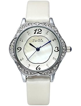 JSDDE Uhren,Elegant Frau Armbanduhr Strass Blume-Form Damenuhr mit Muschel Echtleder Armband Analog Qaurzuhr,Weiss