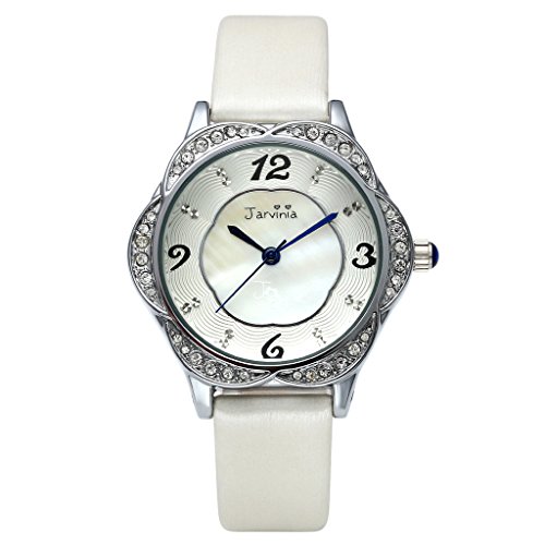 JSDDE Uhren,Elegant Frau Armbanduhr Strass Blume-Form Damenuhr mit Muschel Echtleder Armband Analog Qaurzuhr,W