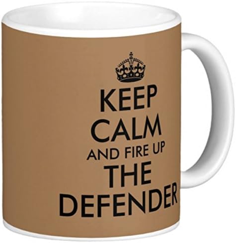 Novelty MUG ≈ KEEP CALM AND FIRE UP THE DEFENDER ≈ A fun gift for any Landrover or Land Rover Defender owner driver or enthusiast - A novelty keep calm and carry on style tea or coffee mug for any father, son, husband, daughter, wife, or mother - A fun gift for Christmas or Birthday and a fine Mothers or Fathers Day present - listing category mug mugs cup cups