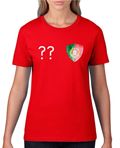 Comedy Shirts – Portugal Trikot – Wappen: Klein – Wunsch – Damen T-Shirt – Rot / Weiss Gr. M