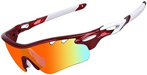 Polarized Sports Sunglasses with 5 Interchangeable Lenses for Men Women Cycling Baseball Running Fishing Driving Golf Fashion Glasses with Tr90 Unbreakable Red Frame
