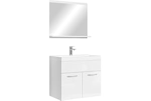 Badplaats B.V. Badezimmer Badmöbel Set Montreal 02 60cm Waschbecken Hochglanz Weiß Fronten - Unterschrank Waschtisch Spiegel Möbel