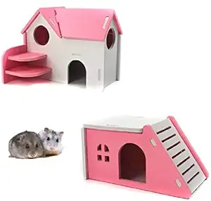 Wooden Hamster House,Hideout Hut Exercise Natural Funny Nest Toy(Pack of 2) (Pink)