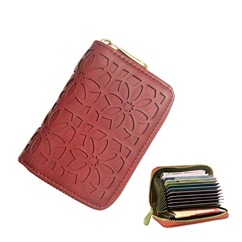 TNEW Mujer Tarjeteros para Tarjetas de Credito Piel Cartera Tarjetero para Mujer, Hombre Titular de la Tarjeta Cuero con 12 Ranuras, Pequeño Tarjetero con Cremallera para Hombre (Rojo)