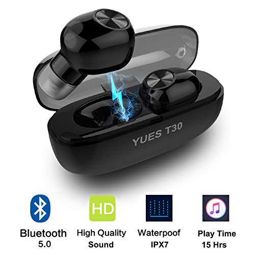 YUES T30 Auriculares Bluetooth 5.0, Inalámbricos Mini Twins Estéreo In-Ear con Caja de Carga Portátil Y Micrófono Integrado para iPhone y Android