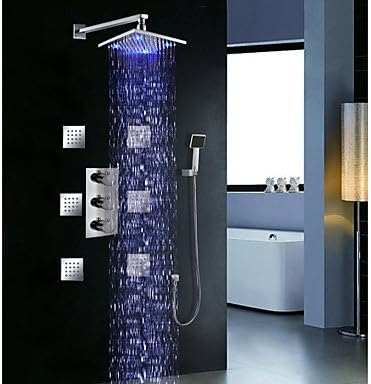 'miaoge Triple Handle Thermostatic Shower Valve LED Brass 8 Inch Rain Shower Head Spa Body Massage Spray Jets