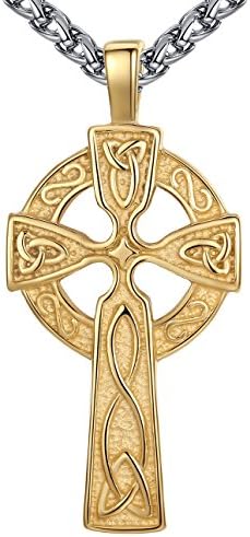 Aoiy Men's Stainless Steel Large Celtic Cross Iris Knot Pendant Necklace, Gold-Tone, 61cm Chain, aap167ji