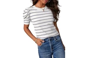 Placitiume Women's 2024 Trendy Short Puff Sleeve Knit Tops Crewneck Striped Casual Summer Blouses