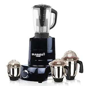 Sunmeet Black Color 750Watts Mixer Juicer Grinder with 4 Jar (1 Juicer Jar with Filter, 1 Large Jar, 1 Medium Jar and 1 Chutney Jar) MAN20-SUN-221 Make in India (ISI Certified) 100% Copper