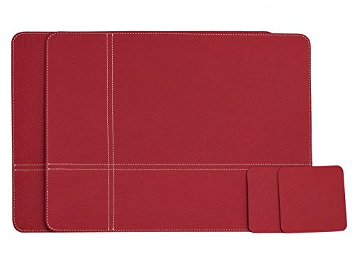 Nikalaz Platzsets und Untersetzer (2er set) aus Recyceltem Leder, 2 Stück Platzsets und 2 Undersetzer, Tischsets, Platzdeckchen 40 x 30 cm und Untersetzer 10 x 10 cm (ROT)