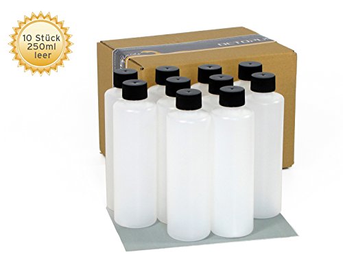 10 x 250 ml Octopus Kunststoffflaschen, HDPE Plastikflaschen mit schwarzen Schraubverschlüssen, Leerflaschen mit schwarzen Schraubdeckeln, Rundflaschen inkl. 10 Beschriftungsetiketten
