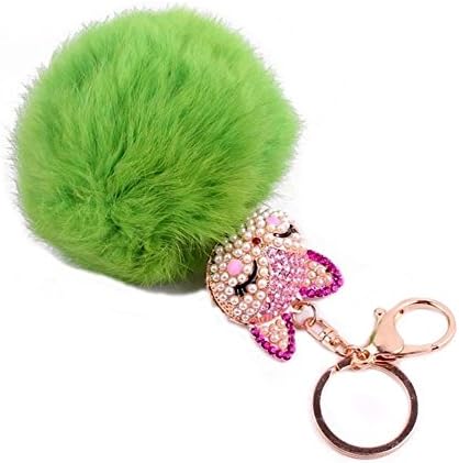 MEISHINE® Woman Girl Charming Fox Crystal Keyring Artificial Rabbit Fur Ball Keyring Pompom Key Chain Gold Plated Keychain with Plush for Key,Car, Car Key ,Handbag Decoration (Green)