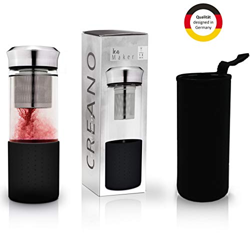 Creano préparateur de thé ''Teamaker'' - Bouteille de thé ''to go'' en Verre avec Tamis pour thé en Vrac Inclus - 400ml (Noir)
