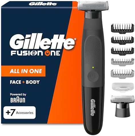 Gillette Fusion One Rasoio Elettrico Uomo Barba e Corpo, 3 Pettini Barba (1,2,5mm) e 1 Pettine Corpo, Testina Oscillante, Lama Ricambio, Impermeabile, Senza Fili, 45 Min Autonomia, Tecnologia Braun