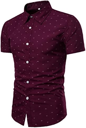 HerZii Men's Fashion Print Beach Short Sleeve Shirt Anchor Print (L, Wine Red)