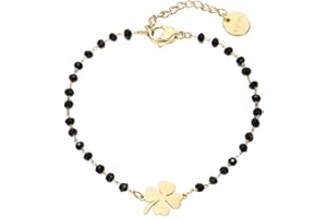 IUDWCG 1 Pcs Bracelet à breloques trèfle porte-bonheur en acier inoxydable avec perles noires et bracelet à breloques porte-bonheur simple (or)
