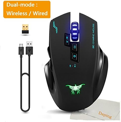 Daping Gaming Mouse, Wireless or Wired Rechargeable Breathing Backlit LED with 4 DPI Adjustable Levels 8 Buttons for PC Gamer
