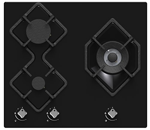 Hudson Table Plaque de Cuisson 3 feux Gaz - HTG 3 BVN - à encaster - Design Verre Noir - très haute résistance (580 x 510x 40 mm),